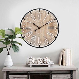 MICWIC 20 Inch Grand Farmhouse Wall Clock, Vintage-Inspired Wood & Metal Design with Large Etched Numbers, Silent Battery-Powered Timepiece for Offices, Kitchens, Bedrooms, and Living Rooms