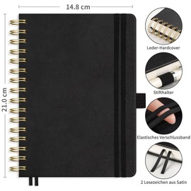 RETTACY Notebook A5 Dotted, Bullet Dot Journal with 100 g/m² Thick Paper, 150 Sheets, Notebook for Office and School, Leather Cover, Black, 14.8 cm x 21 cm