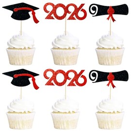 Pre-Assembled Graduation Cupcake Toppers 48 PCS, Class of 2026 Mini Cake Decorations Grad Cap & Diploma, Food & Appetizer Picks for Graduation Party