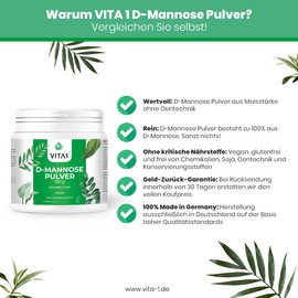 Vita 1 D Mannose Powder, Dietary Treatment Against Cystitis and Urinary Tract Infections, 100 g Content, 2 Months Stock, 100% Vegan, Pure, Natural, Made in Germany