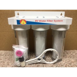 Beverage Pros 3 Stage RV Water Filter System Clear Housings, Clean Water 3/4” Hose Fitting's