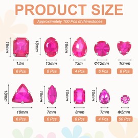 sourcing map 100Pcs Sew on Rhinestones, 7-18mm Mixed Shapes Flatback Glass Crystal Sewing Gems with Silver Claw Prong Setting for Crafts Clothing Shoes Accessories, Rose Red(Style 1)