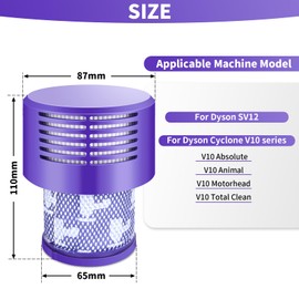 V10 Filter for Dyson, 4 Pack Replacement Filters Fit for Dyson V10 Cyclone Series Absolute Animal Total Clean, SV12 Vacuum Replace Part No. 969082-01