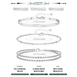 CASSIECA 3Pcs Sterling Silver Bracelets for Women, Dainty Ladies Silver Bracelets Set Adjustable Link Chain Bracelet Stackable Beaded Herringbone Silver-Pieces Bracelet for Womens Jewellery Set 5
