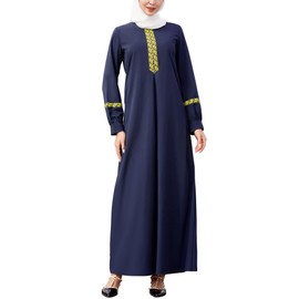 IDOPIP Abaya Dress for Women Long Sleeve Ethnic Style Muslim Dress Embroidered Arabic Islamic Dubai Robe Full Cover Casual Maxi Kaftan Dresses Arabian Middle East Prayer Clothes Navy Blue XL