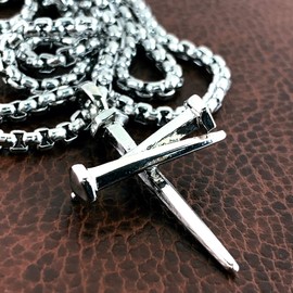 FORGIVEN JEWELRY 3 Nail Rhodium Finish Cross Pendant on Heavy Box Chain Necklace