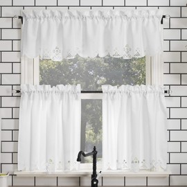 No. 918 Mariela Floral Trim Semi-Sheer Rod Pocket Kitchen Curtain Valance and Tiers Set, 58" x 24", White
