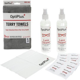 OptiPlus 16oz All Natural Lens and Screen Cleaning Pack, Lens Wipes, Microfiber Cloth and 16 x 16 Microfiber Terry Towel 3 Pack (Grey)