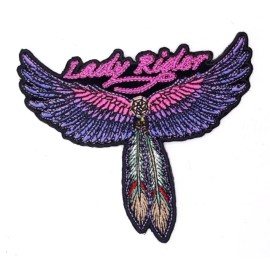 Lady Rider - Wings & Feathers Iron On Sew On Embroidered Patch 4 1/4"x 3 1/2"
