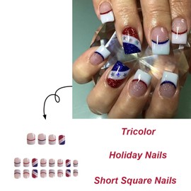 Glitter French Stripes Press on Nails Short Square 24pcs Independence Day Press-On Nails Kit, 4th of July Fake Nails Cute French Nails Tip Press On Five-Pointed Star Stick on False Nails for Women