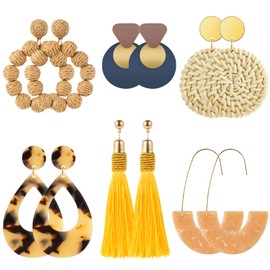 Ponpon 6-18 Pairs Lightweight Aluminum Summer Earrings, Rattan & Metal, Dangle Drop Design, Boho Geometric Statement Hoop Dangle Drop Earrings for Women (Style D - 6 Pairs)