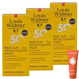 Louis Widmer Face Sun Protection Sport 50, 3x 50 ml I leichte, feuchtigkeitsspendende Gesichtsemulsion I extra wasserfest I schweissresistent I hoher UV-Schutz I Spar-Set plus Pharma-Perle give-away