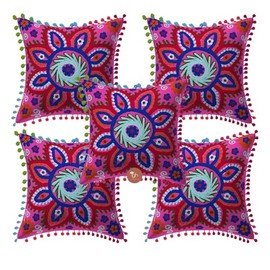 IGH Throw Pillow Covers 16x16 Cotton Suzani Cushion Covers Settee Square Pillowcase Embroidered Traditional Pink Cushion Protectors Home Decor Zipper Cushion Covers [Set of 2, Cover Only]