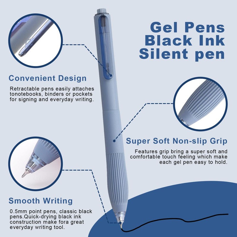 Bribobo Gel Pens Black Ink 0.5mm Fine Point Pens Silent