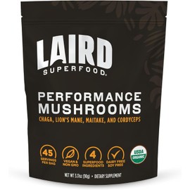 Laird Superfood Organic Performance Mushroom Blend with Chaga, Cordyceps, Lion's Mane and Maitake for Energy and Cognition, 3.17 oz. Bag, Pack of 1