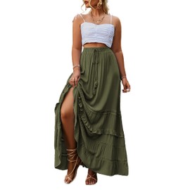 BerryGo Women's Plus Size Solid Ruffle Maxi Skirt Party Beach Elastic Waist Long Skirt with Belt Army Green 16