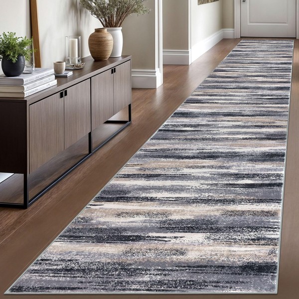 Lansny Modern Abstract Runner Rug 2.6x16, Grey Black Multi Washable