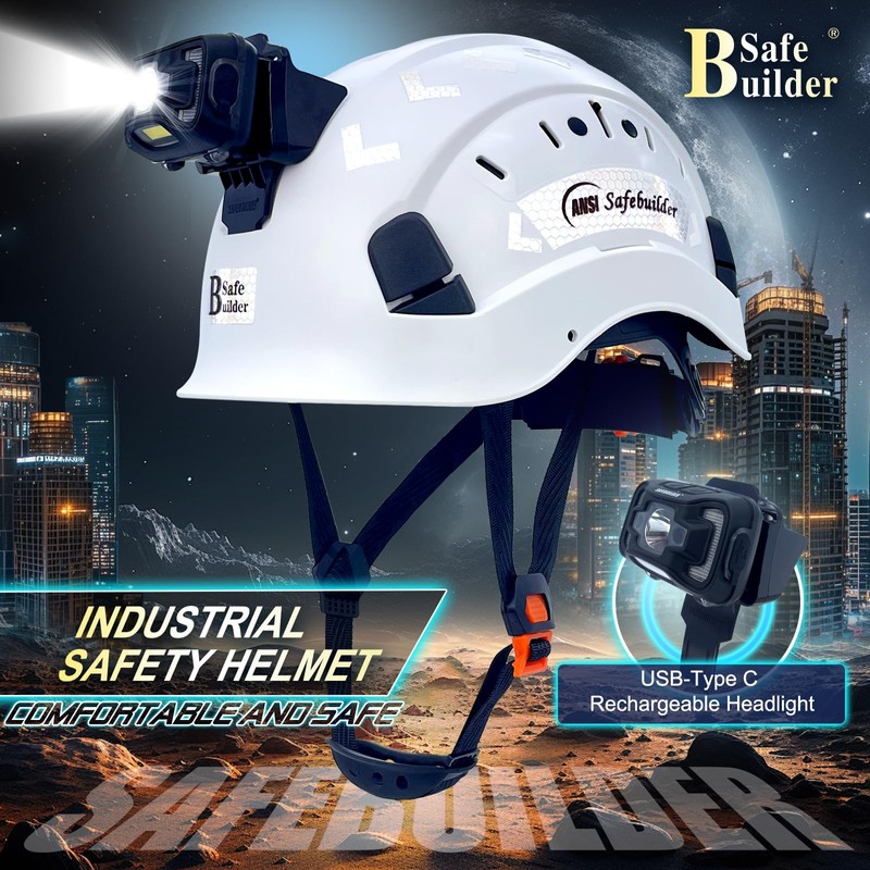 SAFEBUILDER Safety Hard Hats with Headlight Lightweight Breathable Vented Safety