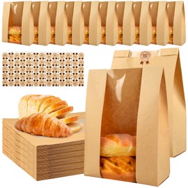 150 Pcs Bread Bags for Homemade Bread, ROOKEA Sourdough Paper Bags with Window 13.7x8.2x3.5in Large Kraft Bakery Paper Packaging with Sealing Stickers for Storage Cookie Food Snack Breakfast