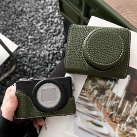 G7X II G7X III Case, Vintage Leather Camera Case with Opening Bottom Shoulder Strap for PowerShot G7 X Mark II/ G7 X Mark III Camera, Protective Case with Strap (Green)