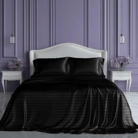 SLEEP SANCTUARY Satin Sheets Queen Size – 4 Piece Luxury Silky Bed Set, Softer Than Silk, 15" Deep Pocket, Cooling & Wrinkle-Free, Moisture-Wicking & Breathable for Hair & Skin (Striped Black)