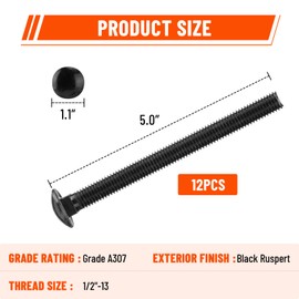 SPARKWHIZ 1/2 x 6 Inch Carriage Bolt Kit, Rust Resistance Bolts Includes 12 Bolts, 12 Washers, and 12 Nuts, Black