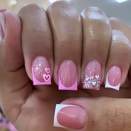 24 Pcs Pink White French Press on Nails Short Square Summer Fake Nails Glitter Ombre False Nails Press Ons With Heart Design Nude Nail Tips Full Cover Acrylic Nail Kit for Women Manicure