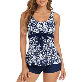 Genfien Tankini Women's Tummy Control Push Up Top High Waist Swimming Shorts Two Piece Swimwear Tankini Women's Set Elegant Summer Printed Swimsuits for Women, navy