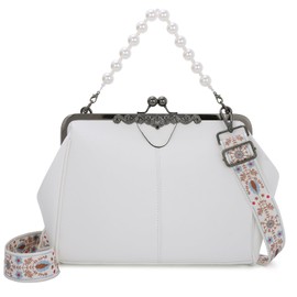 EVEOUT Retro Kiss Lock Handbag for Women,PU Leather Top Handle Purse with Detachable Strap & Pearl Chain,Informal Evening Bag & Daytime Crossbody