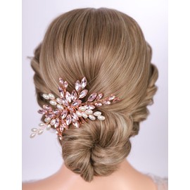 Teyglen Bride Crystal Wedding Hair Comb Pearl Bridal Headpiece Sparkly Pink Rhinestone Pearl Hair Side Comb Handmade Crystal Hair Piece Hair Accessories for Women (Pink)