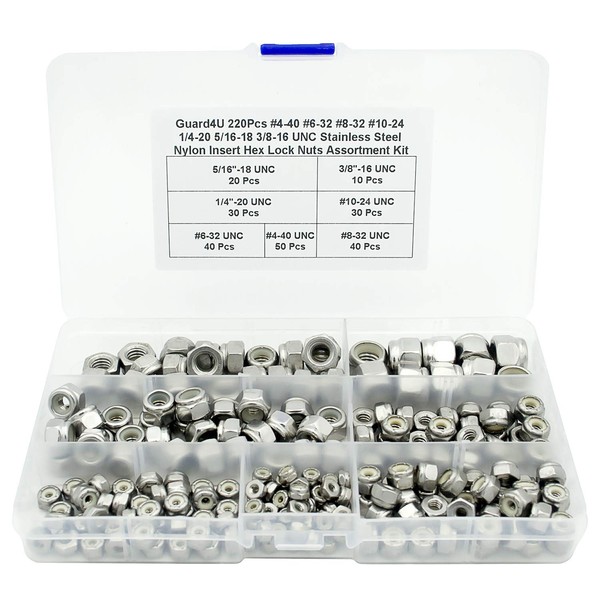 Guard4U 220Pcs #4-40#6-32#8-32#10-24 1/4-20 5/16-18 3/8-16 UNC Nylon Insert Hex