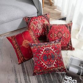Awowee Set of 4 Cushion Covers 45x45cm/18x18inches Colorful Red Tribal Home Decor Throw Pillow Covers Square Pillowcases for Bed Sofa Couch