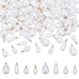 PH PandaHall 64pcs Teardrop Pearl Pendants, 8 Style Pearl Pendant Connectors Oval Pearl Beads White Imitation Pearl Pendants with Metal Hoop for DIY Earrings Bracelets Necklaces Jewelry Crafts Making