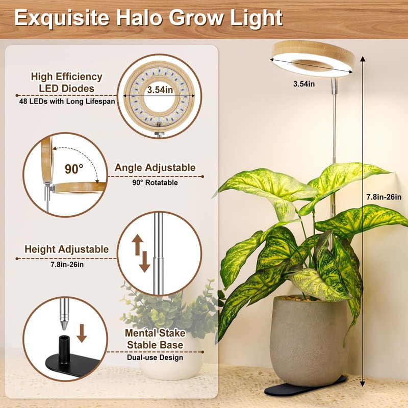 LORDEM Bamboo Base Desktop Grow Light, LED Plant Lamp with