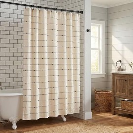Piper Classics Farmcloth Stripe Shower Curtain Urban Rustic Farmhouse Style, Natural Cream Woven with Black Stripes 72" L x 72" W Boho Chic