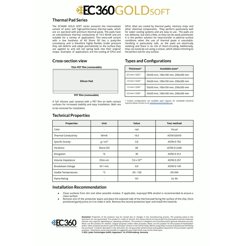 EC360® Gold Soft 14.5W/mK Thermal Pad (100 x 100 x