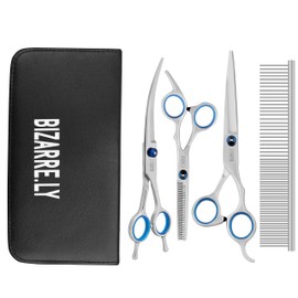 Bizzarre.ly Professionelles Hundepflege Set – Hundeschere Fellschere für Hunde und Haustiere Pflegeset – Beinhaltet Fellschere, Effilierschere & Schere Gebogen und Hundekamm – Katzen&Hunde Pflege Set