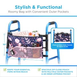 NOVA Walker Bag – Folding Walker Basket Pouch with Zipper & Pockets – Fits Standard, Bariatric & Folding Walkers – Mobility Organizer Tote for Seniors & Adults – Blue/Pink Floral Design