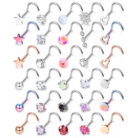 MILACOLATO 30Pcs Hypoallergenic Nose Rings Studs 316L Stainless Steel Nose Piercings Jewelry Straight L Shaped Corkscrew Nose Ring Studs Cubic Zirconia Opal Nose Studs for Women Men 18G Screw
