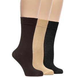 Hugh Ugoli Women's Lightweight Soft Bamboo Thin Dress Socks Crew Business Casual, 3 Pairs, Shoe Size: 6-9/9-12, DBrown/Md Beige/Charcoal, 9-12