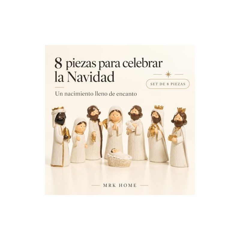 Nacimiento Navideño Pequeño de 8 Piezas, Figuras Blanco Marfil y