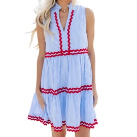Kuraki Women's Cute Sleeveless Rickrack Tiered Striped Dress Light Blue L