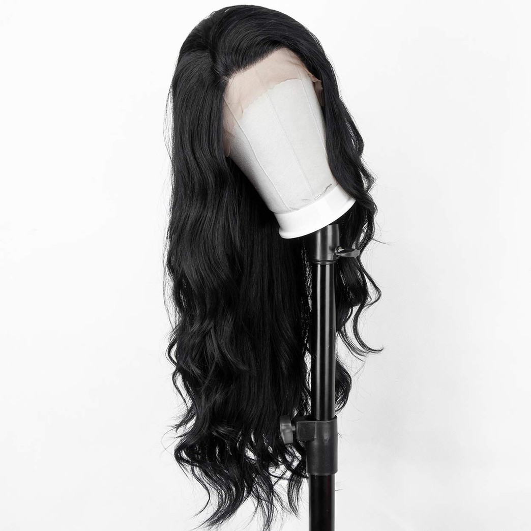 Black Lace Front Wig with 13x3 Lace Size 24" Long Wavy Synthetic Wig with Side Part Glueless Long Black Wigs for Women