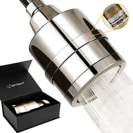 BathBeyond Shower Filter Head 2-in-1 Vitamin C 15 Stage High Output Water Filter With cartridge for Hard Water - Removes Chlorine Fluoride and Improves The Condition of Your Skin, Hair (Nickel)