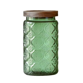ANSQU Vintage Glass Storage Container, Green Glass Jar with Solid Wood Lid, 34 FL OZ Decorative Jar for Kitchen Storage Cabinets for Coffee, Jam, Nuts, Candy, Cookie, Pet Foods (Green Begonia)
