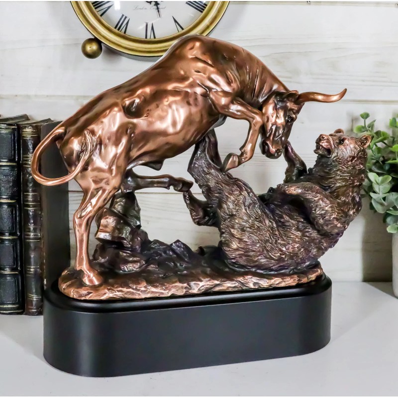 Wall Street Stock Market Charging Bull Trouncing Bear Statue With