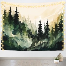 Loccor Mountain Forest Tapestry Misty Foggy Forest Watercolor Scenery Wall Hanging Natural Scenery Watercolor Tapestry for Home Bedroom Living Room Artistic Wall Decor 92''x70''