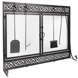 Dawot 39x31 Inches Metal Fireplace Screen Two Door Spark Guard Decorative Scrollwork Design Suitable for Wood Burning Stove
