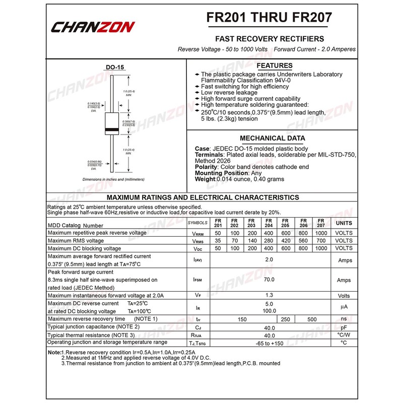 (Pack of 100) Chanzon FR207 Fast Recovery Rectifier Diode 2A