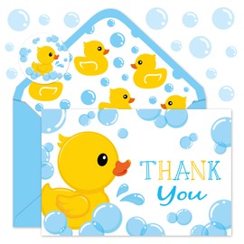JarThenaAMCS 24Pcs Rubber Duck Thank You Cards with Envelopes and Stickers Yellow Blue Duck Bubble Greeting Cards Cute Blank Note Cards For Birthday Baby Shower